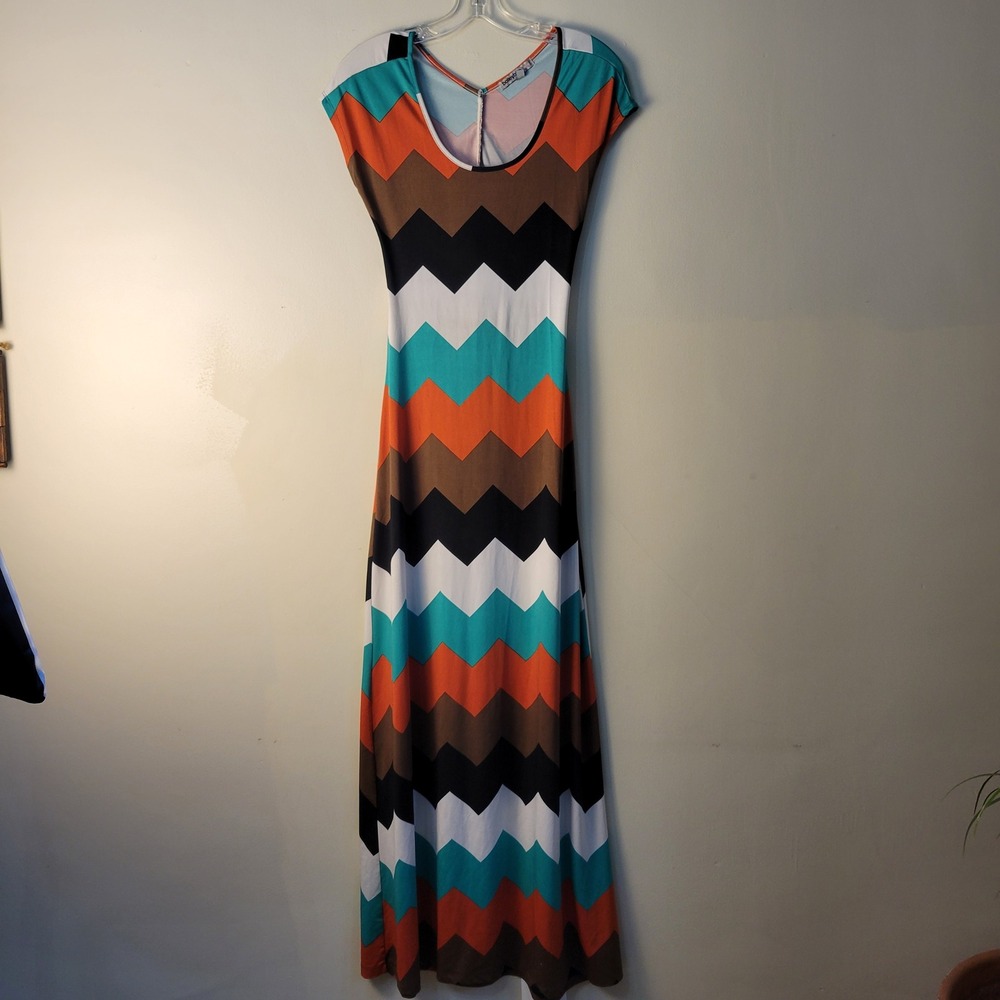 Bailey Blue Women Small Chevron Maxi Dress Orange Teal Brown Keyhole Back